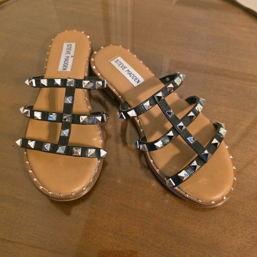 Steve Madden Black Leather Silver Studded Sandals